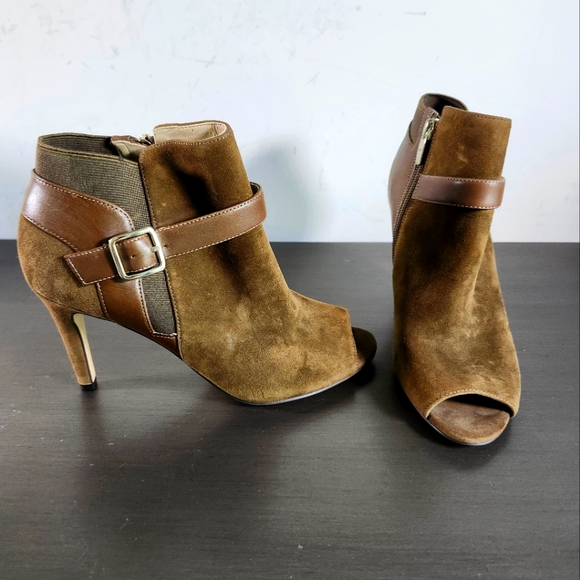 Marc Fisher Shoes - Marc Fisher Olive Green Brown Suede Stilletto Open Toe Ankle Booties S 7M NWOB